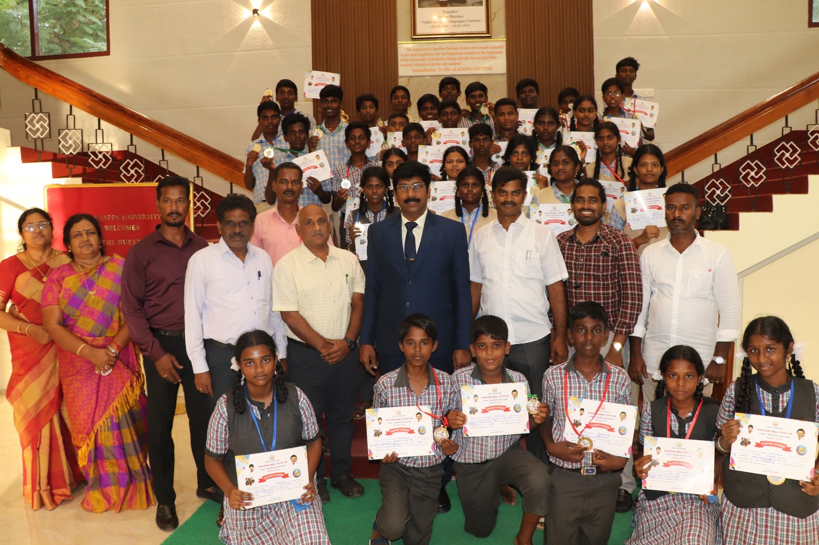 Our school students participated in the Tamil Nadu Government School Education Department's " Kalaithiruvizha 2025", a three-level competition. At the union level, our students competed in 13 sections and excelled in 7 categories, securing first place.

The same team proceeded to the district level, where 6 out of 7 students secured first place and qualified for the state-level competition.

The district-level winners were felicitated by Honourable Minister for Cooperation, Mr. K R Periyakaruppan, who presented shields and certificates.

The winning team was further congratulated by Dr. G. Ravi, Vice-Chancellor of Alagappa University and President of the school management committee, Dr. A. Senthil Rajan, Registrar of Alagappa University and Secretary of the school, and Dr. T. Ramesh, Headmaster,and all teacher's of Alagappa. Model HSS, karaikudi.
 Congratulations to our dedicated teachers, Mr. Muthupandian, Mr. Balakrishnan, Mrs. Uma Priyanayaki, Mrs. Jegathambal, and Mr. Agnas Prabu Raja, for guiding our students to excellence."